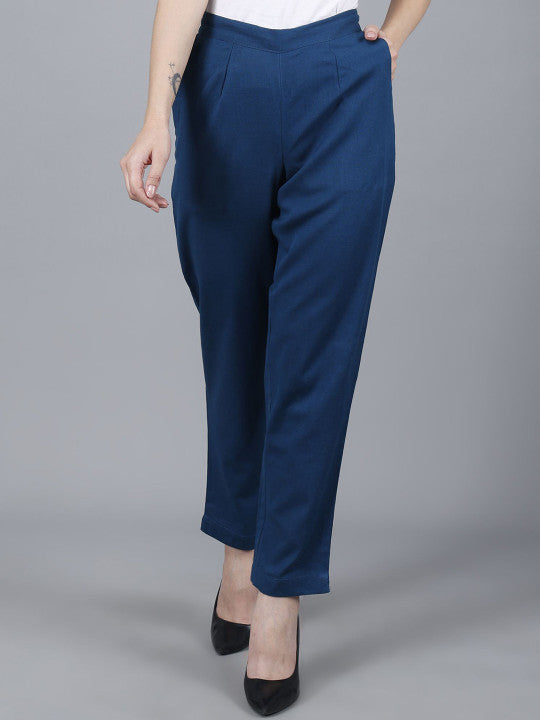 Navy Blue Women Comfort Pleated Trousers