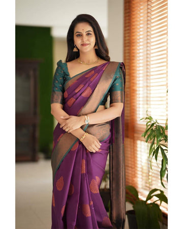 Wine Purple Soft Silk Blend Saree with Antique Gold Woven Buta and Contrast Border