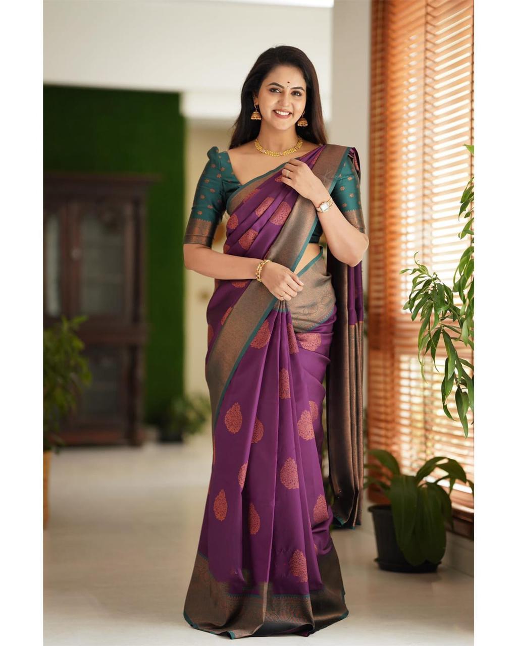 Wine Purple Soft Silk Blend Saree with Antique Gold Woven Buta and Contrast Border