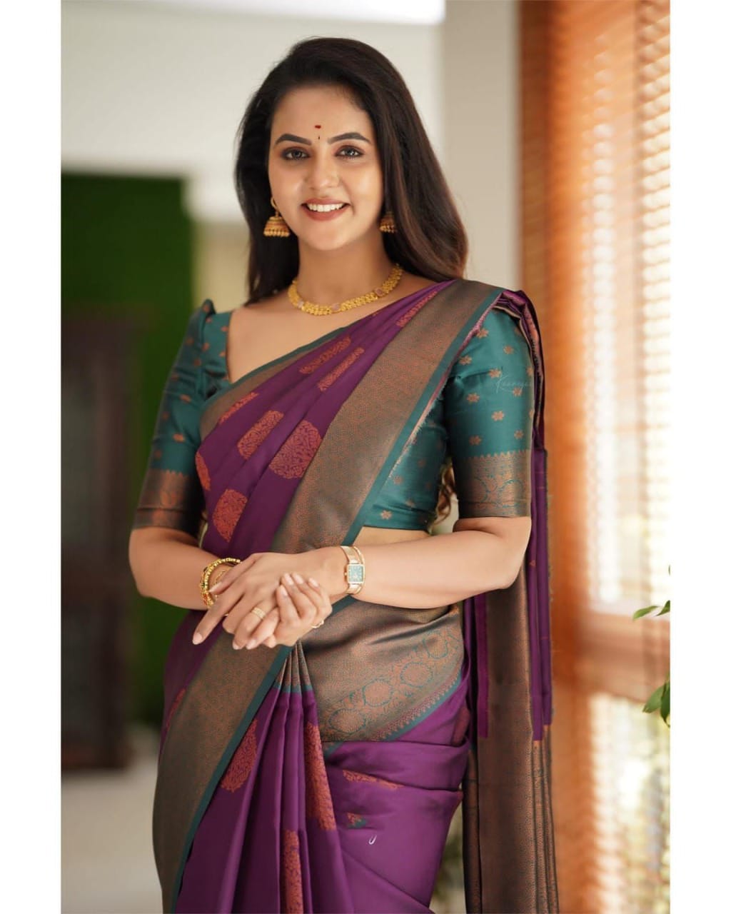 Wine Purple Soft Silk Blend Saree with Antique Gold Woven Buta and Contrast Border
