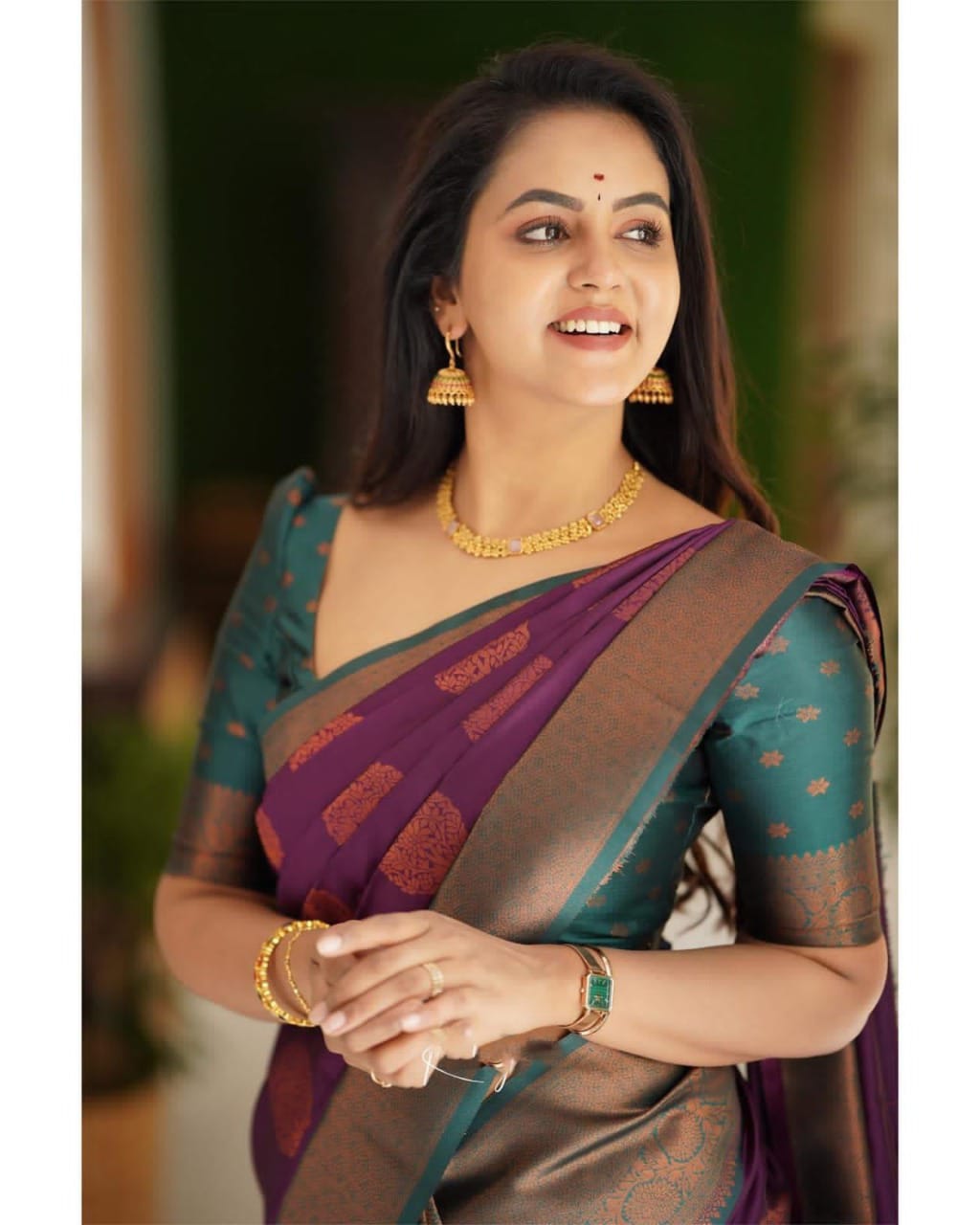 Wine Purple Soft Silk Blend Saree with Antique Gold Woven Buta and Contrast Border