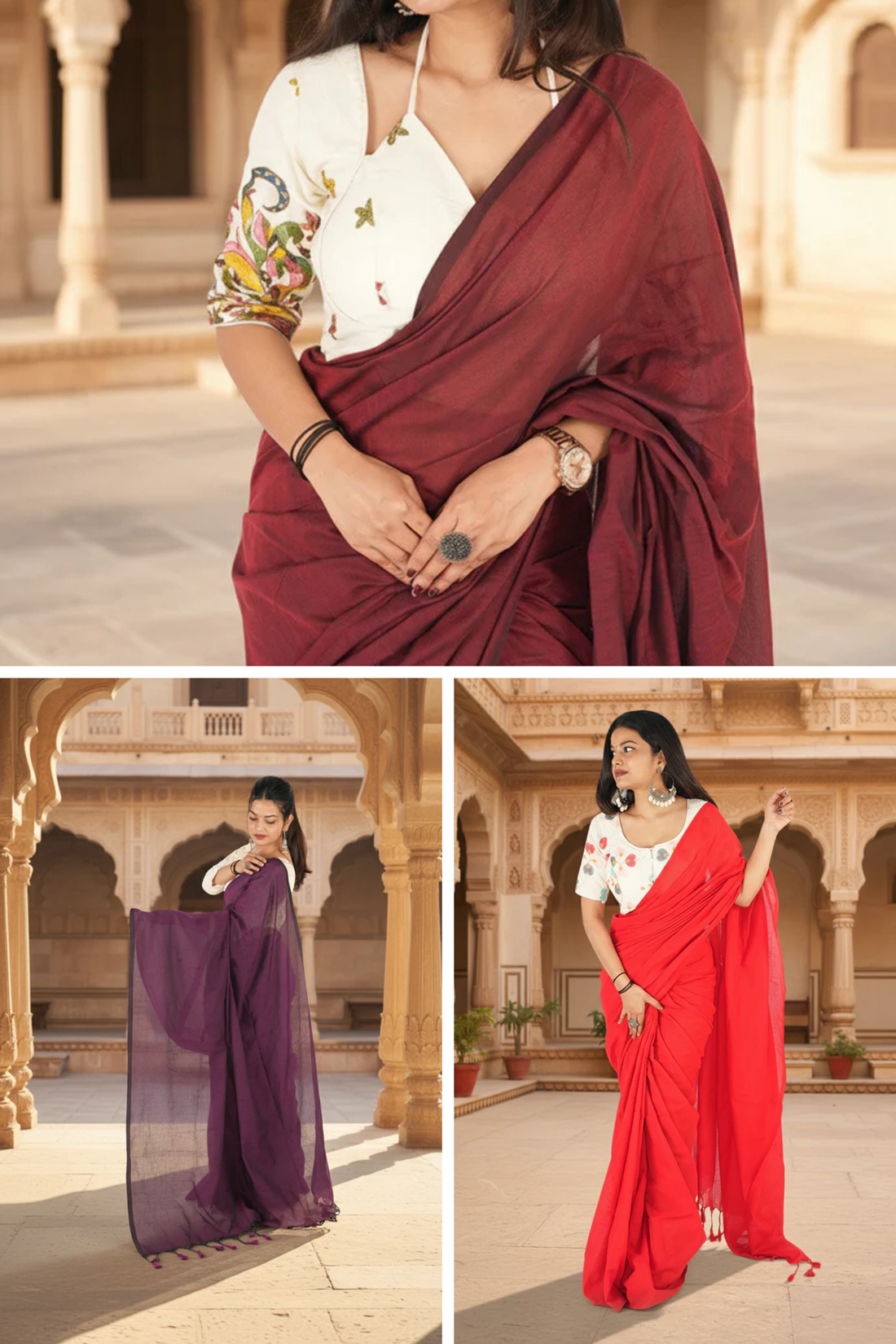 Woman wearing a maroon saree, purple saree, and red saree in an architectural setting.