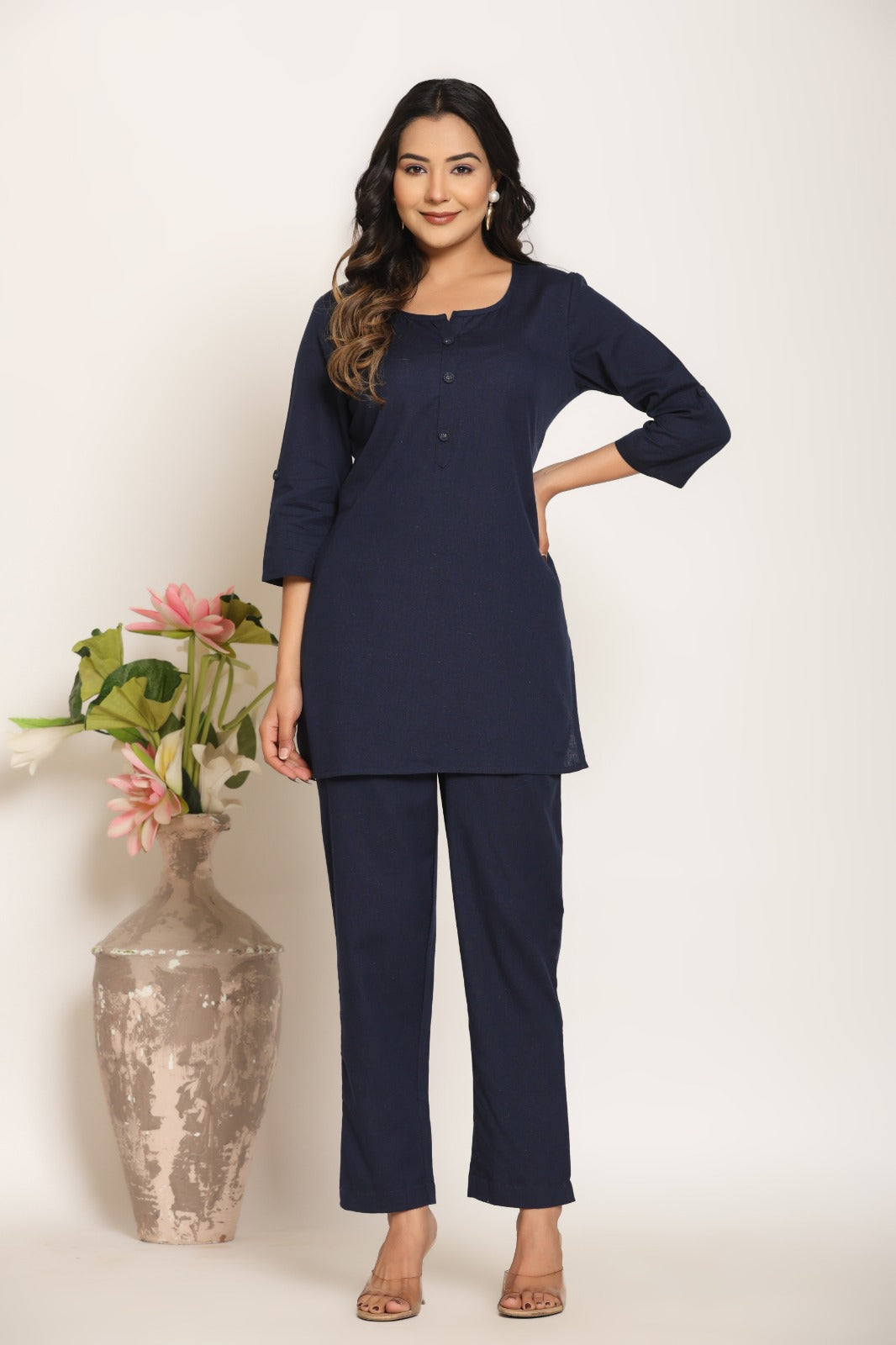 Women’s Navy Blue Cotton Blend Kurta & Pant Co-Ord Set – Everyday Comfort Wear