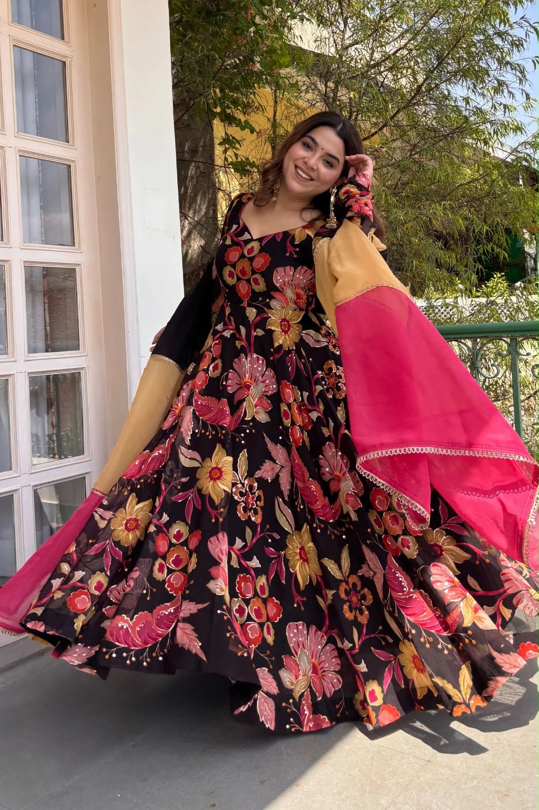 Black Floral Printed Soft Tabby Organza Anarkali Pant & Dupatta Set