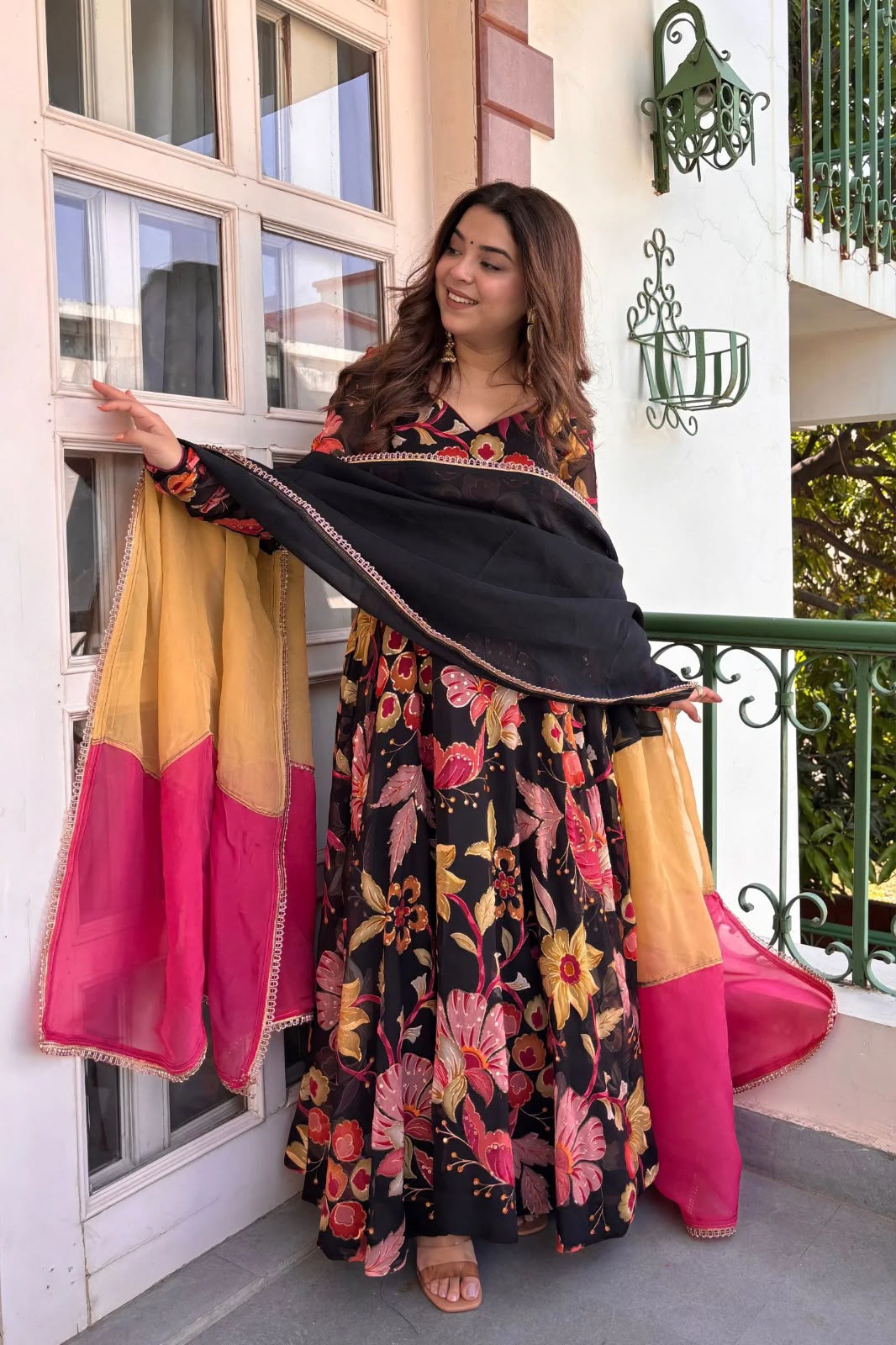Black Floral Printed Soft Tabby Organza Anarkali Pant & Dupatta Set