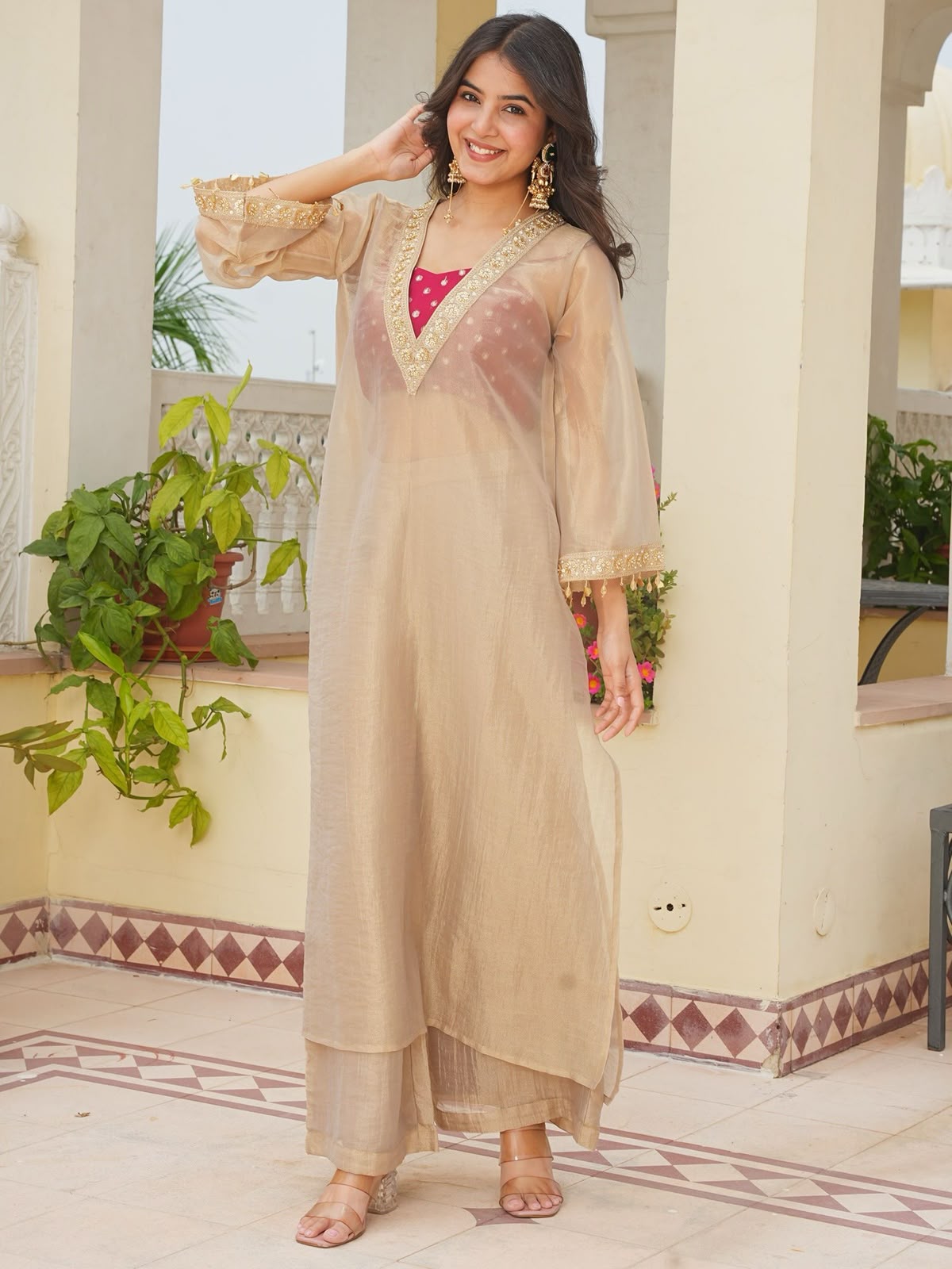 Beige Gold Embellished V-Neck Kurta Palazzo Set for Women