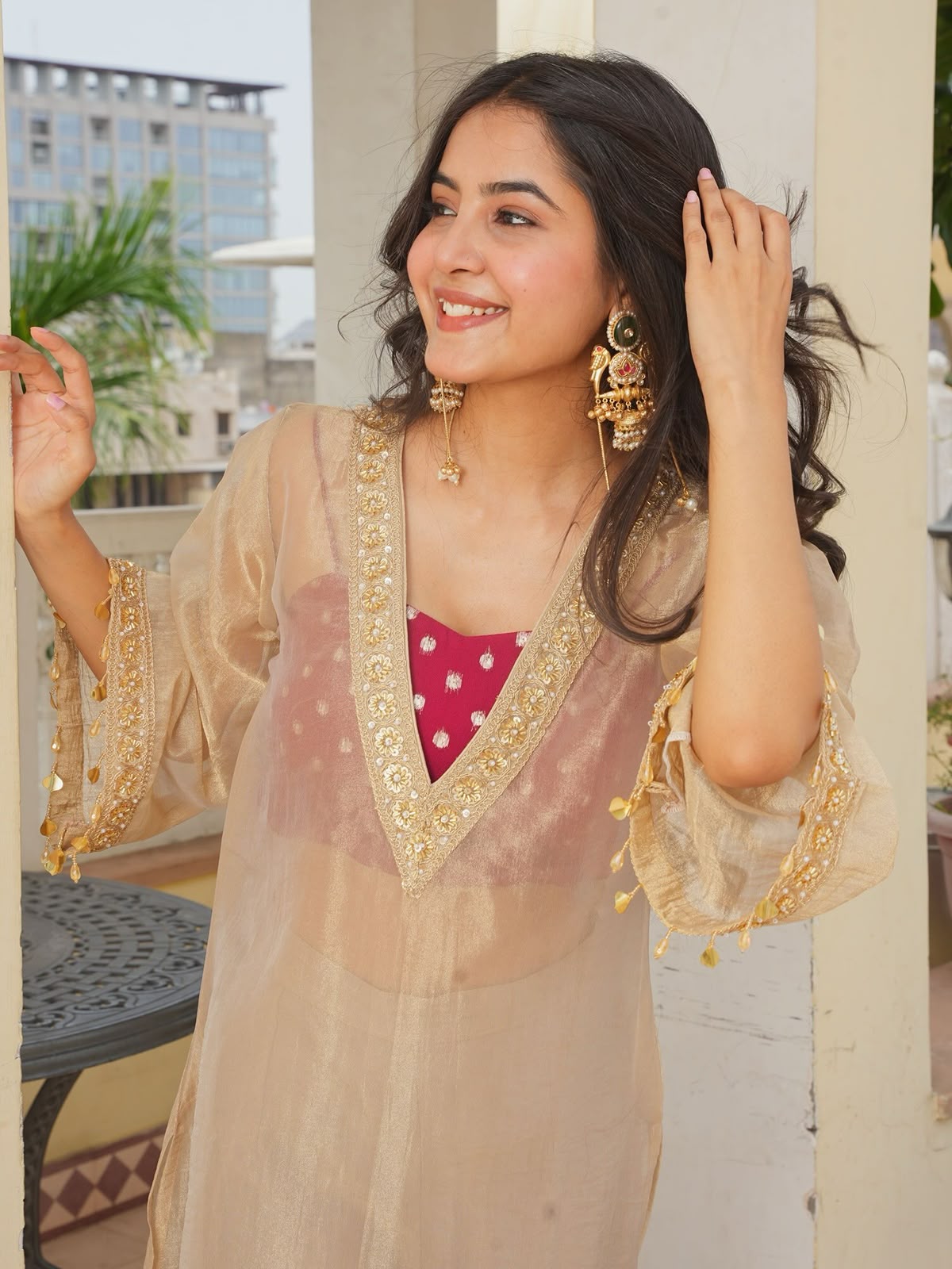 Beige Gold Embellished V-Neck Kurta Palazzo Set for Women