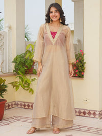 Beige Gold Embellished V-Neck Kurta Palazzo Set for Women