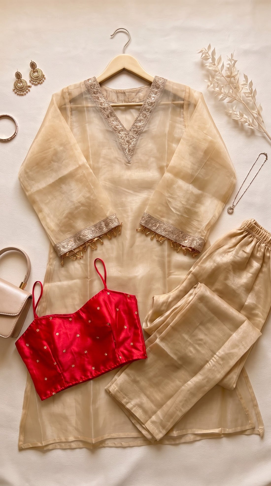 Beige Gold Embellished V-Neck Kurta Palazzo Set for Women