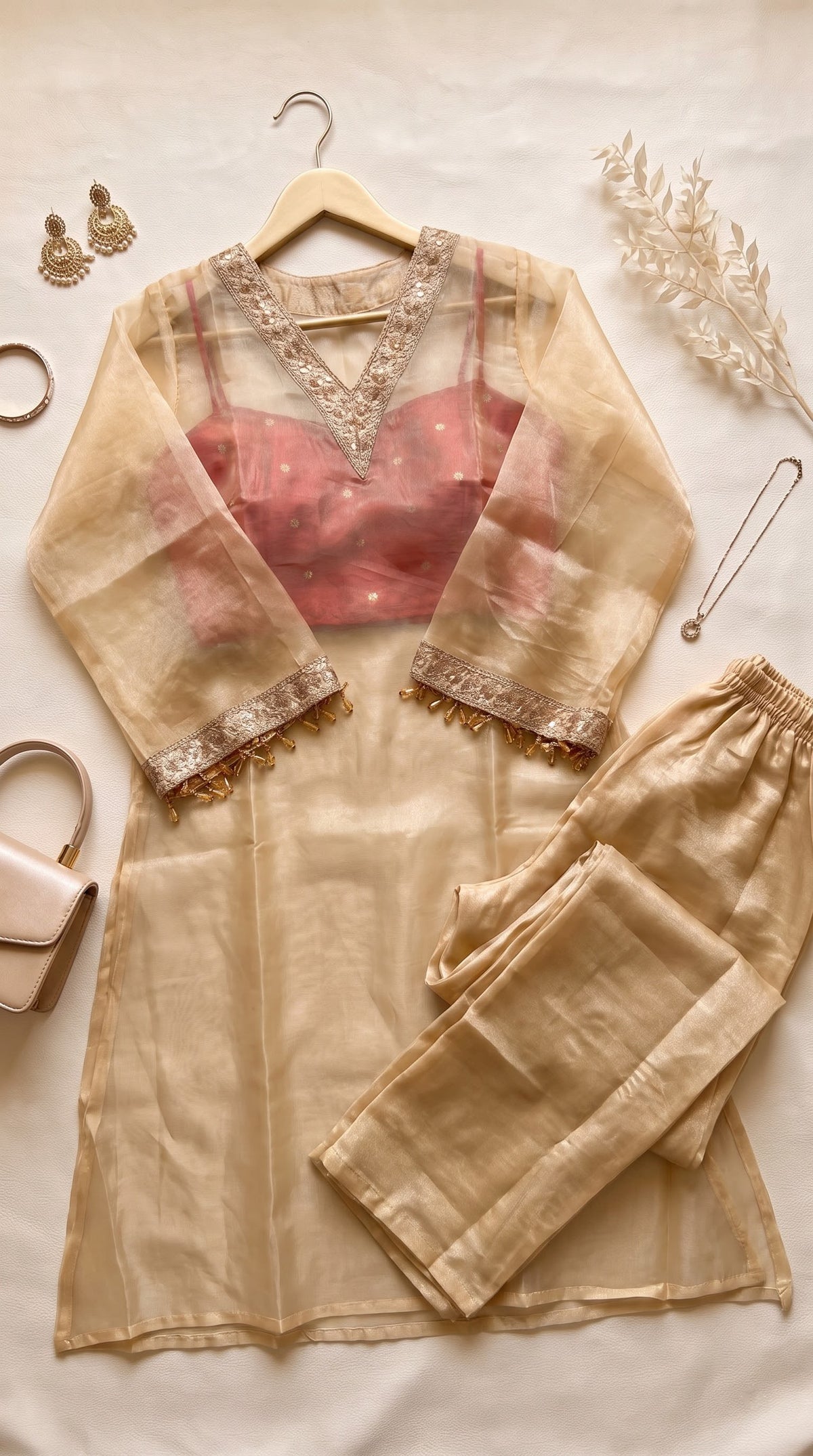 Beige Gold Embellished V-Neck Kurta Palazzo Set for Women