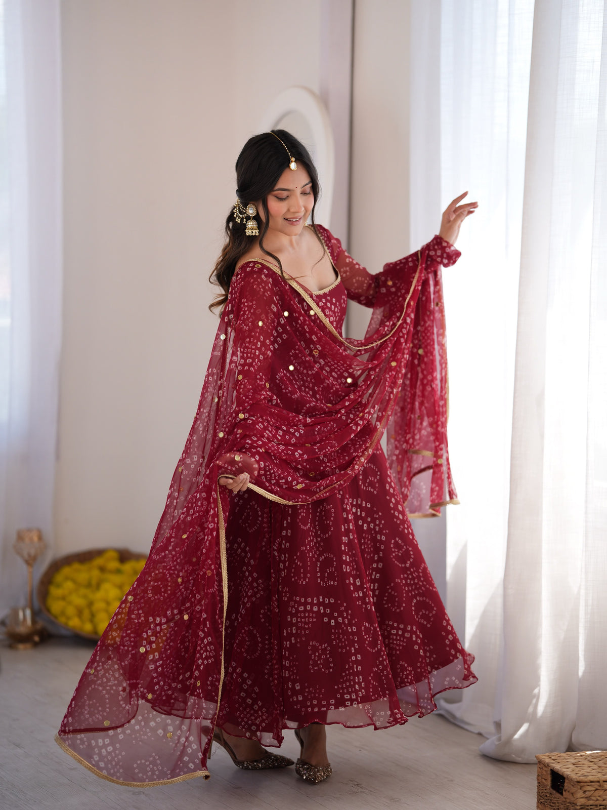 Maroon Bandhani Printed Flared Anarkali Suit Set with Dupatta