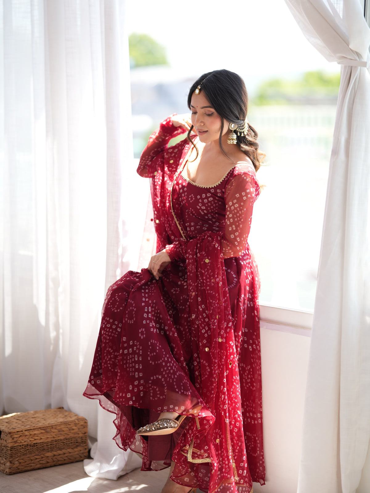 Maroon Bandhani Printed Flared Anarkali Suit Set with Dupatta