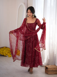 Maroon Bandhani Printed Flared Anarkali Suit Set with Dupatta