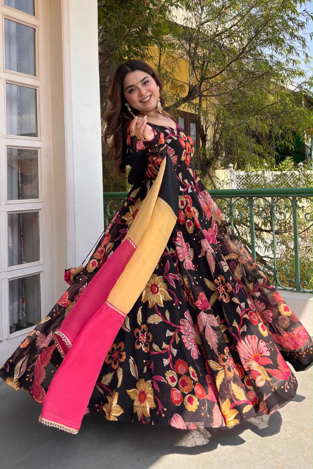 Black Multicolour Floral Printed Flared Anarkali Suit Set with Dupatta