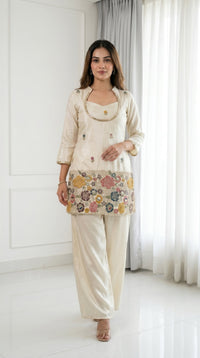 Ivory White Floral Embroidered Straight Kurta Palazzo Set for Women