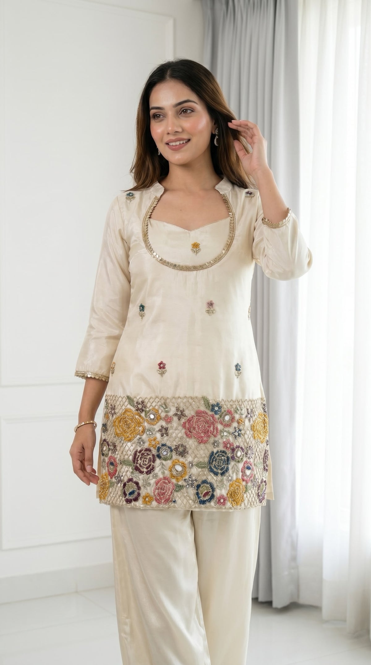 Ivory White Floral Embroidered Straight Kurta Palazzo Set for Women