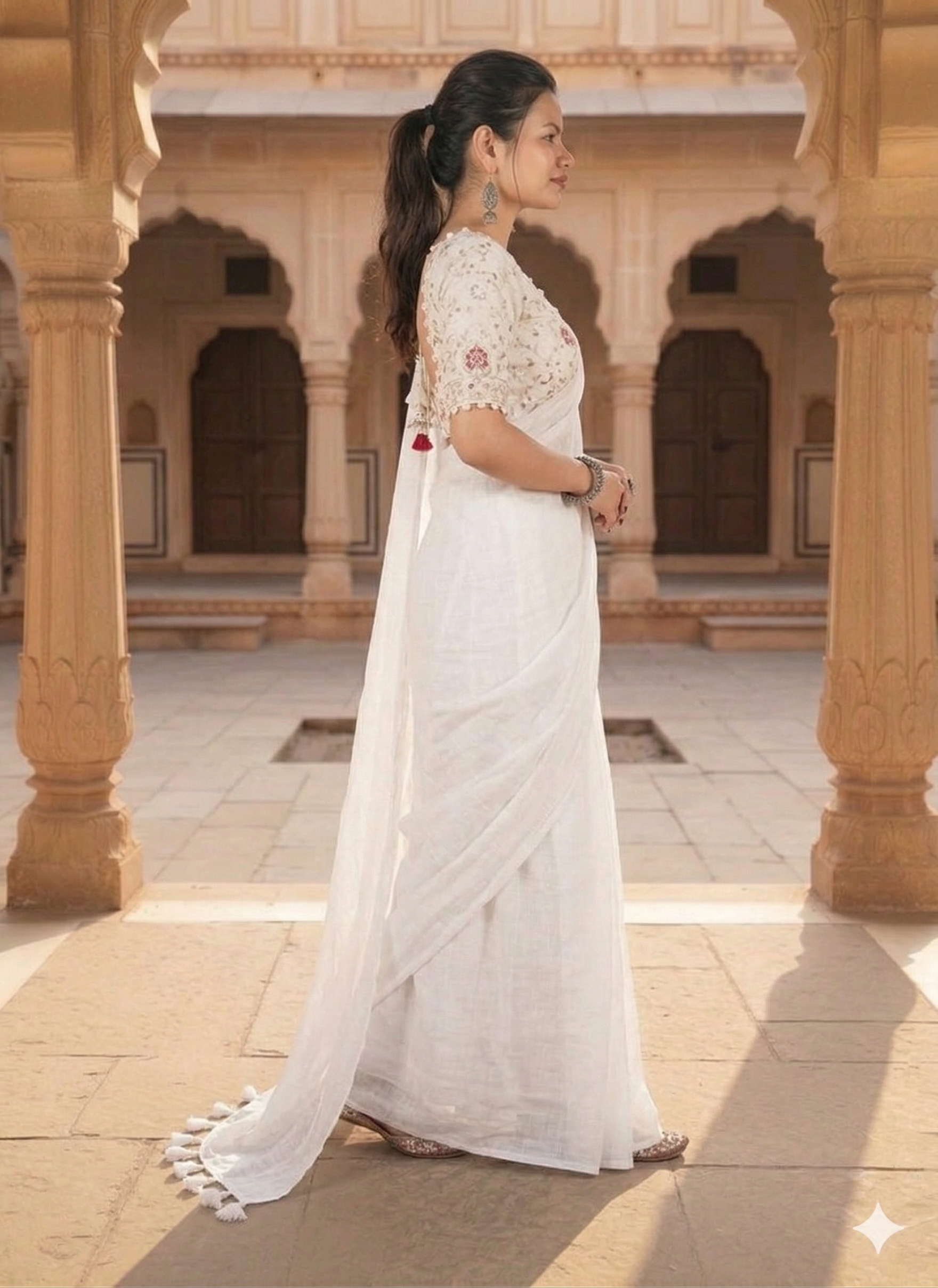 Woman in a white saree standing in an architectural courtyard