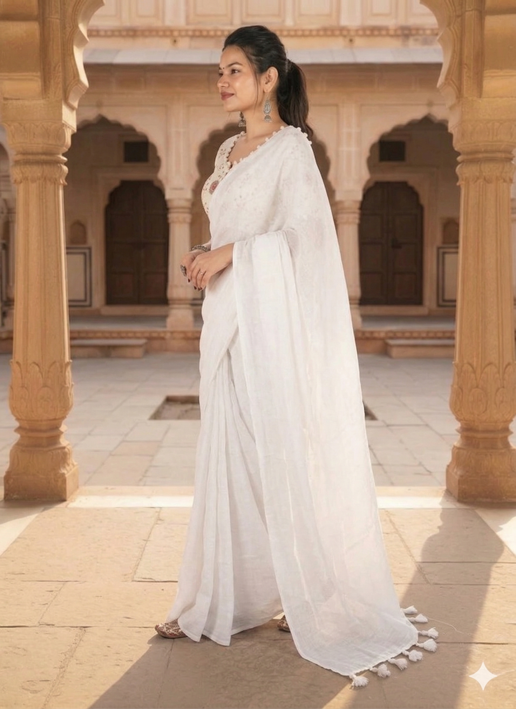 Woman in a white saree standing in an architectural setting