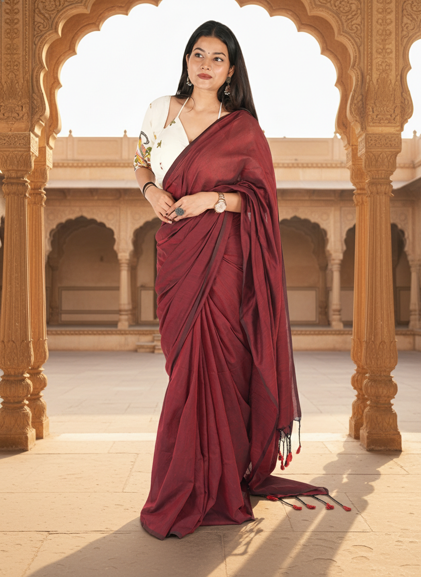 Wine Maroon Khadi Cotton Saree with Hand Embroidery & Stitched Blouse