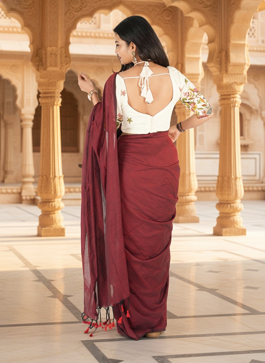 Wine Maroon Khadi Cotton Saree with Hand Embroidery & Stitched Blouse
