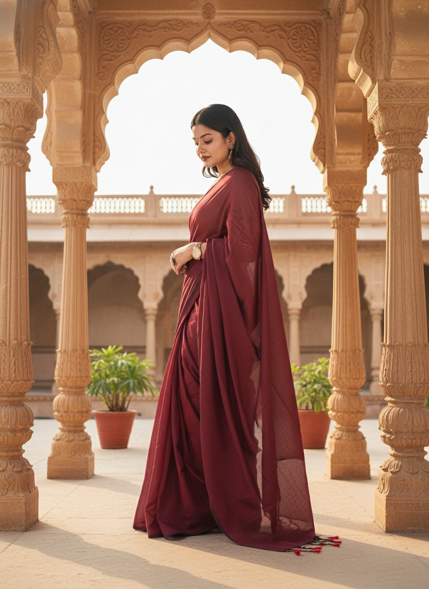 Wine Maroon Khadi Cotton Saree with Hand Embroidery & Stitched Blouse