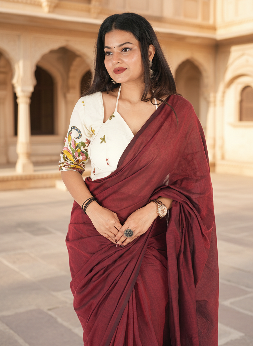 Wine Maroon Khadi Cotton Saree with Hand Embroidery & Stitched Blouse