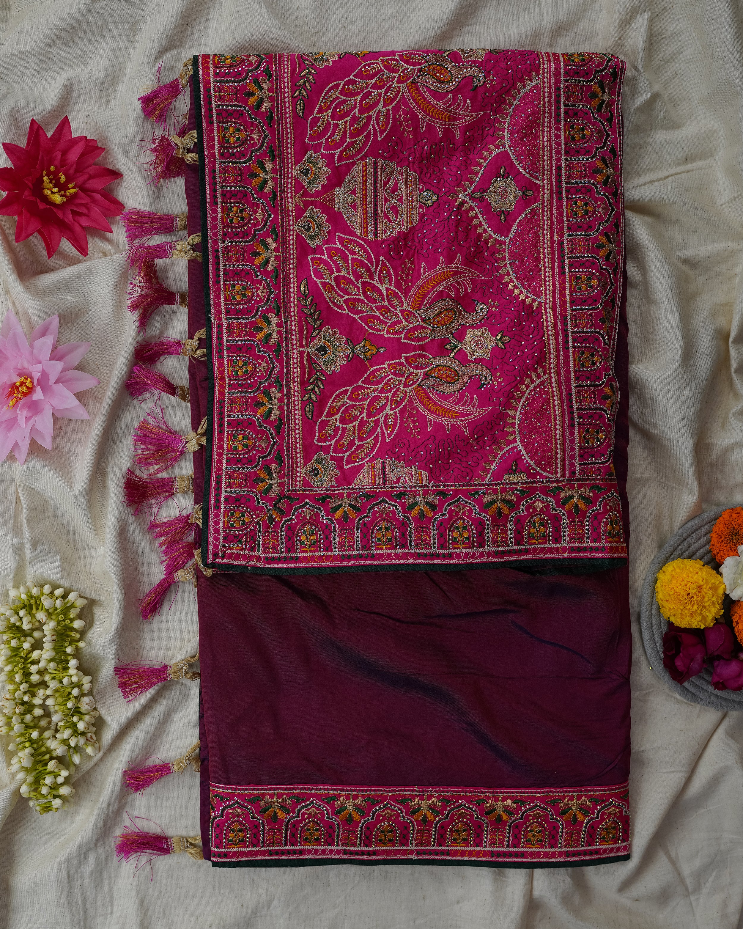 Traditional Saree with Green Peacock Pallu & Embroidered Border