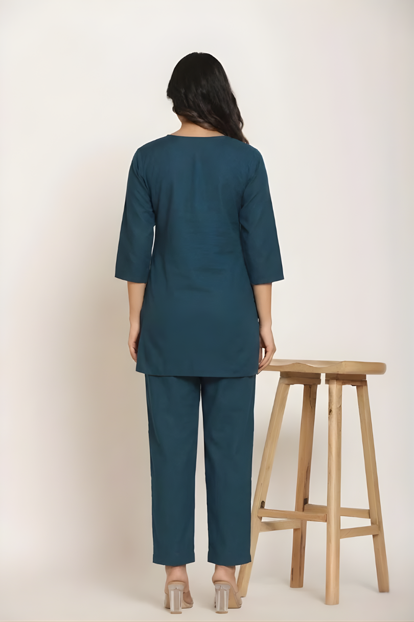 Women's Deep Teal Cotton Kurti & Pant Co-Ord Set – Casual & Office Wear 1