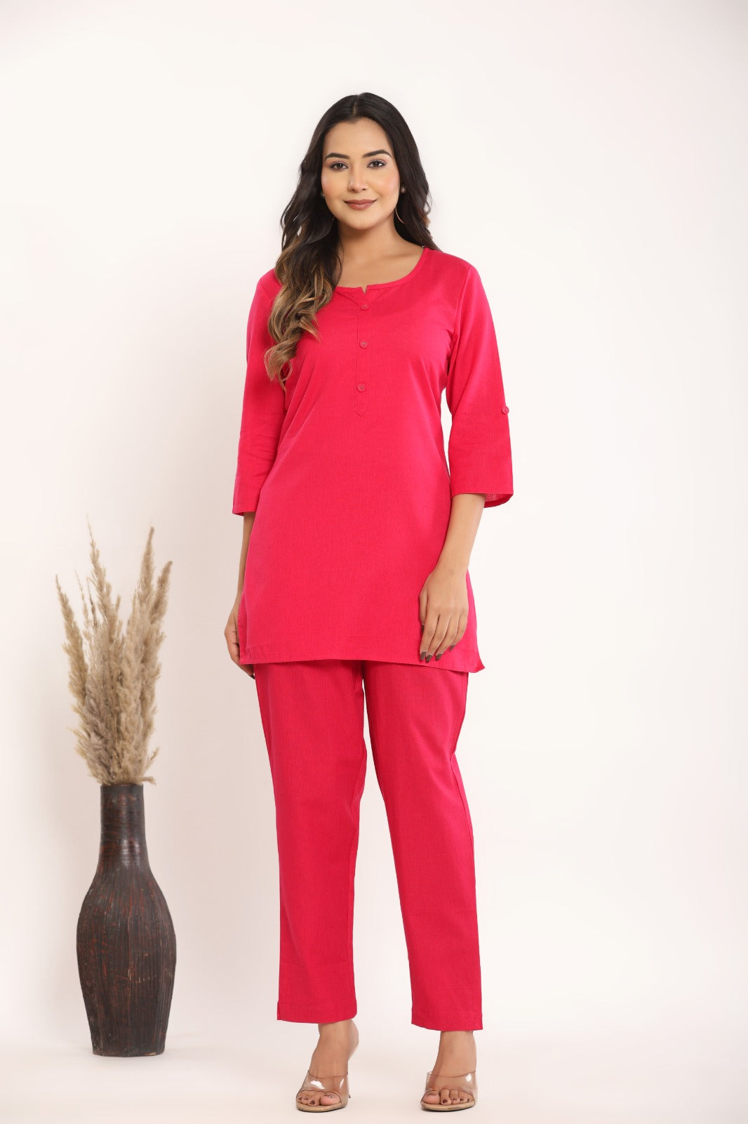 Women's Solid Pink Casual Kurta & Pant Co-Ord Set