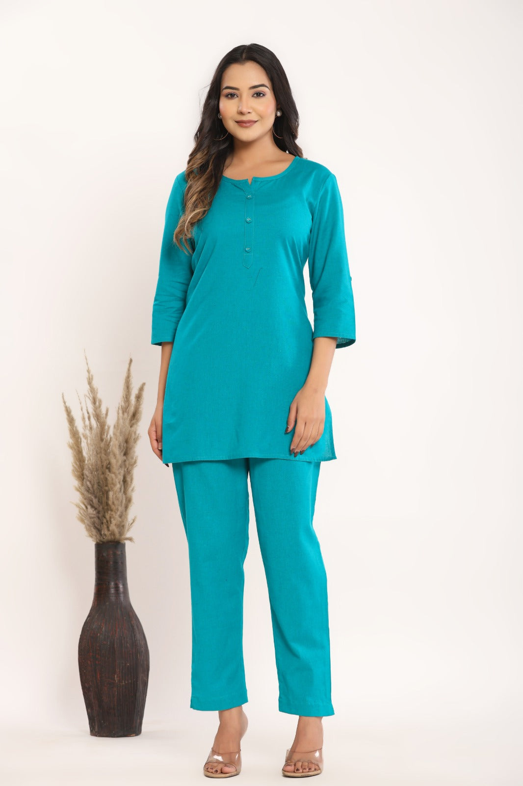 Women’s Turquoise Cotton Kurta & Pant Co-Ord Set – Comfortable Daily Wear