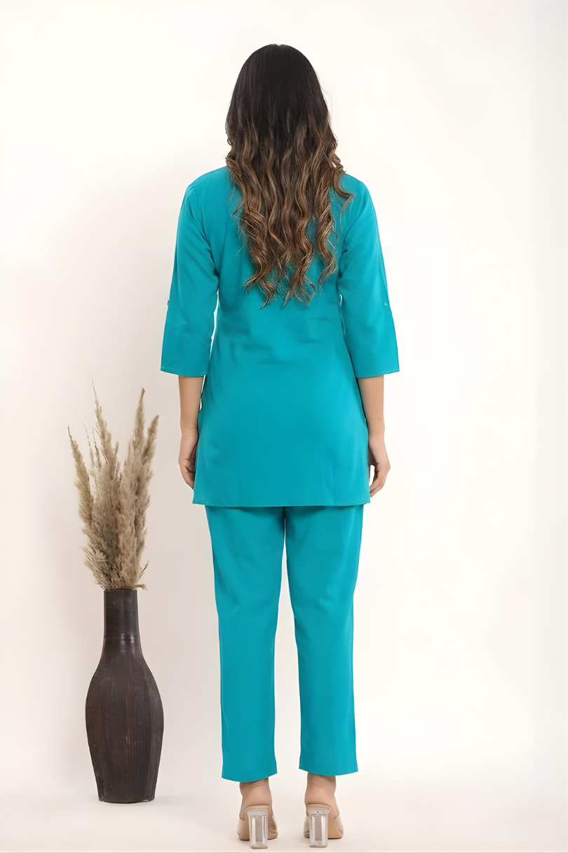 Women’s Turquoise Cotton Kurta & Pant Co-Ord Set – Comfortable Daily Wear