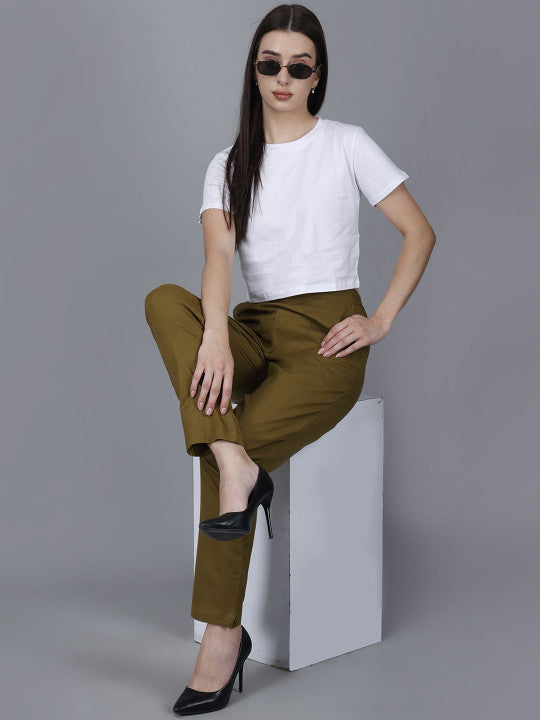 Olive Green Women Comfort Pleated Trousers
