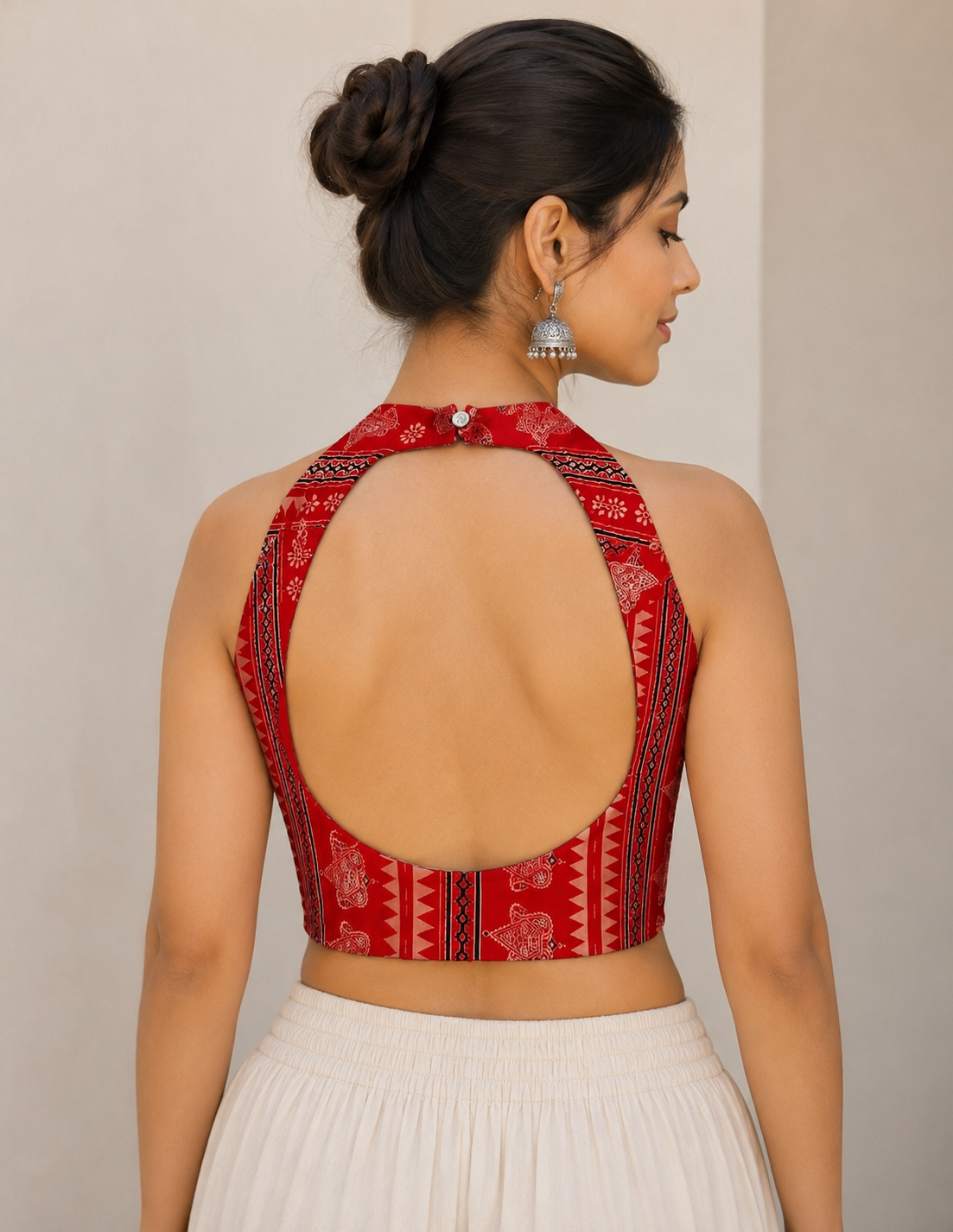 Women’s Red Ethnic Printed Cotton Halter-Neck Blouse with Deep Open Back