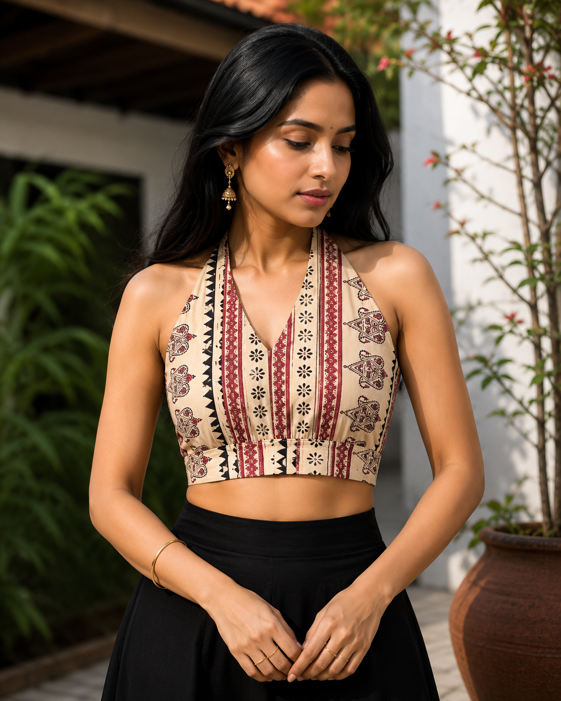 Women’s Cream Beige Ethnic Printed Cotton Halter-Neck Blouse with Deep Open Back
