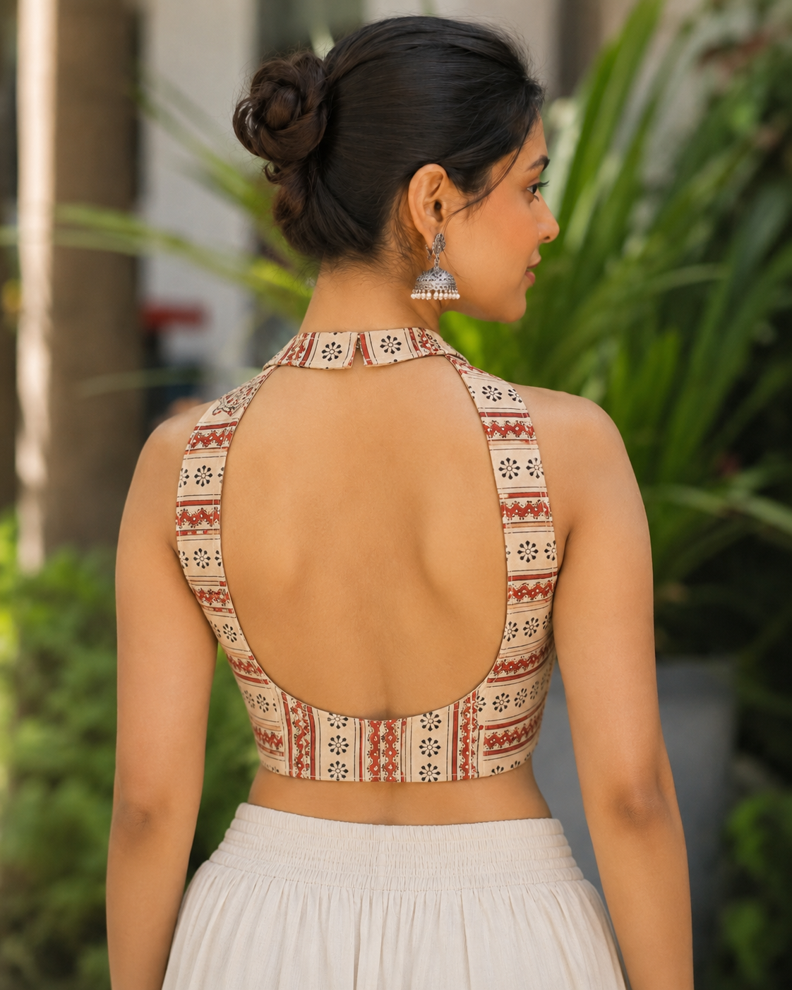 Women’s Cream Beige Ethnic Printed Cotton Halter-Neck Blouse with Deep Open Back