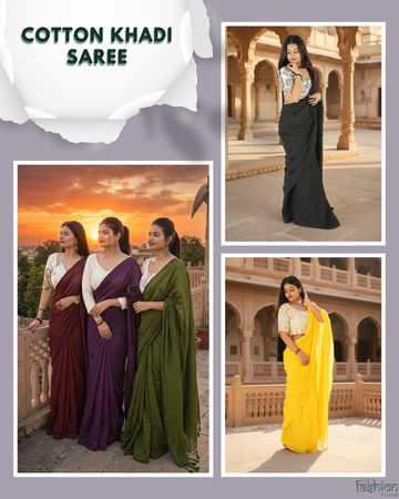 Collage of women wearing Cotton Khadi sarees in various settings.