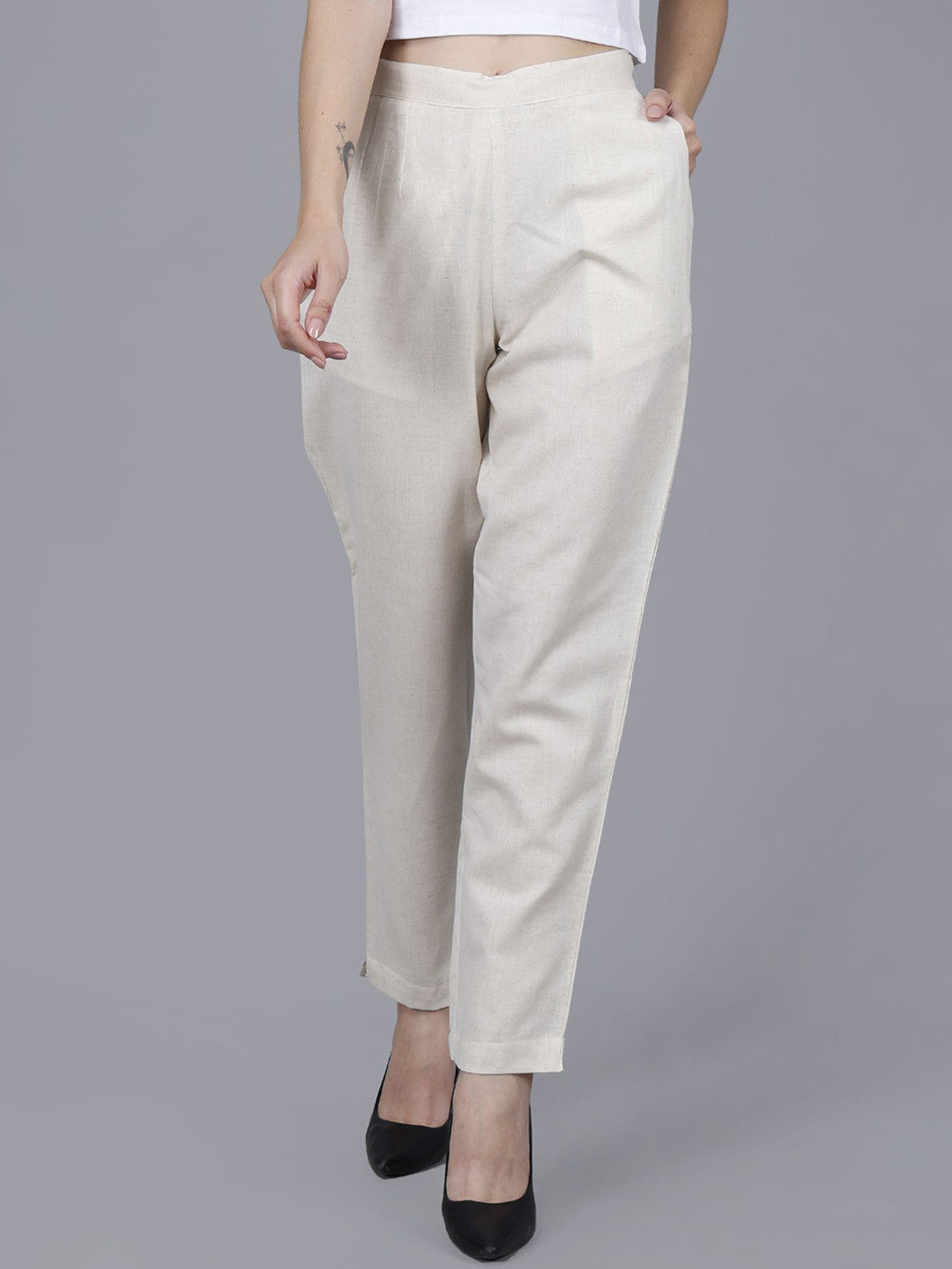 Cream Women Comfort Pleated Trousers