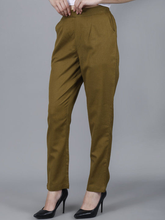 Olive Green Women Comfort Pleated Trousers