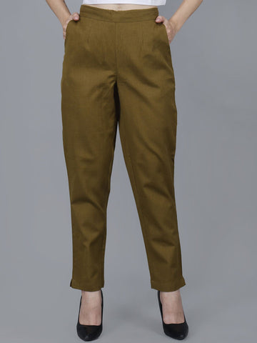 Olive Green Women Comfort Pleated Trousers