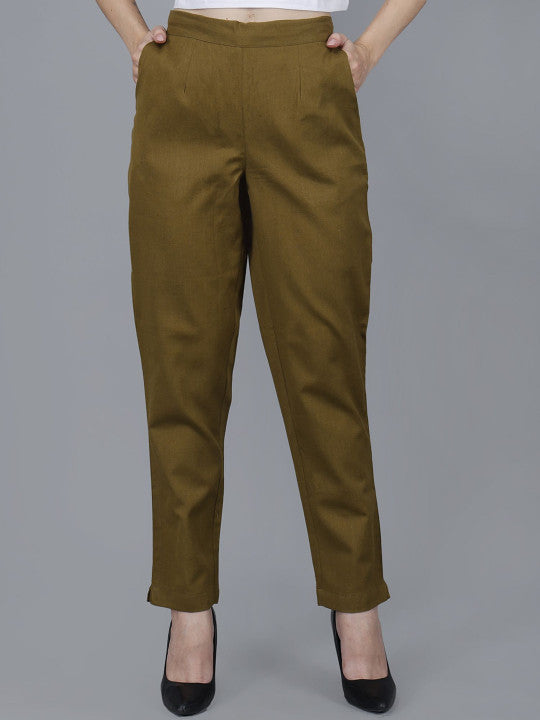Olive Green Women Comfort Pleated Trousers