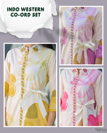 Collage of Indo Western co-ord set with floral patterns and buttons.