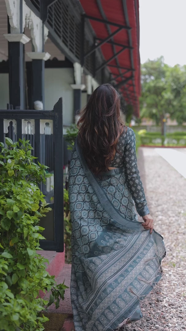 Sophisticated Grey Ethnic Motif Linen Cotton Saree