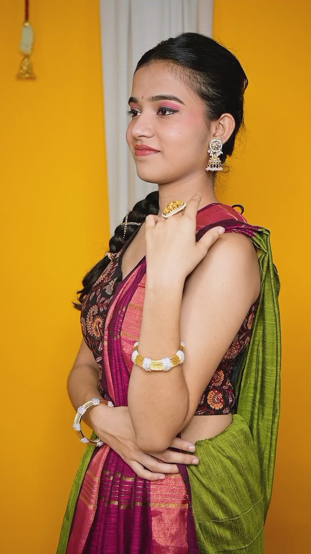 Olive Green Mul Mul Cotton Saree with Magenta Pallu & Printed Blouse