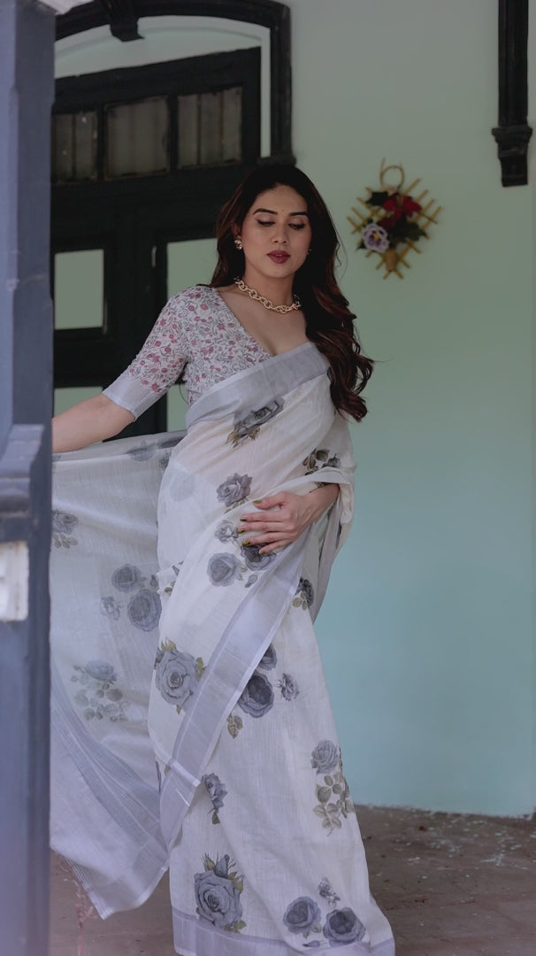 Elegant Mist Grey Linen Cotton Saree with Soft Floral Print