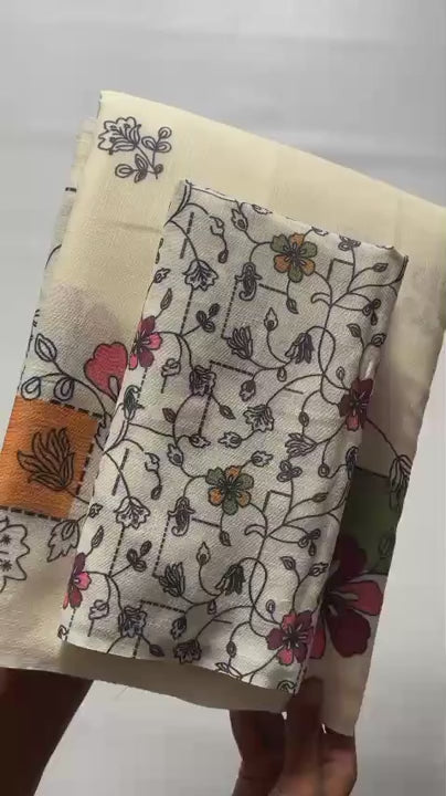 Soft Ivory Linen Saree with Pastel Floral Border