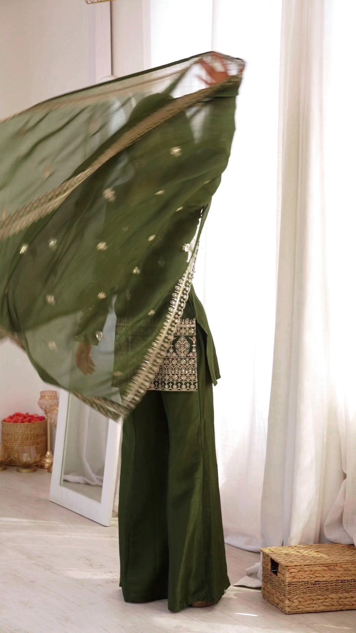 Olive Green Crunchy Silk Embroidered Kurta with Bell Bottom Pants & Dupatta Set