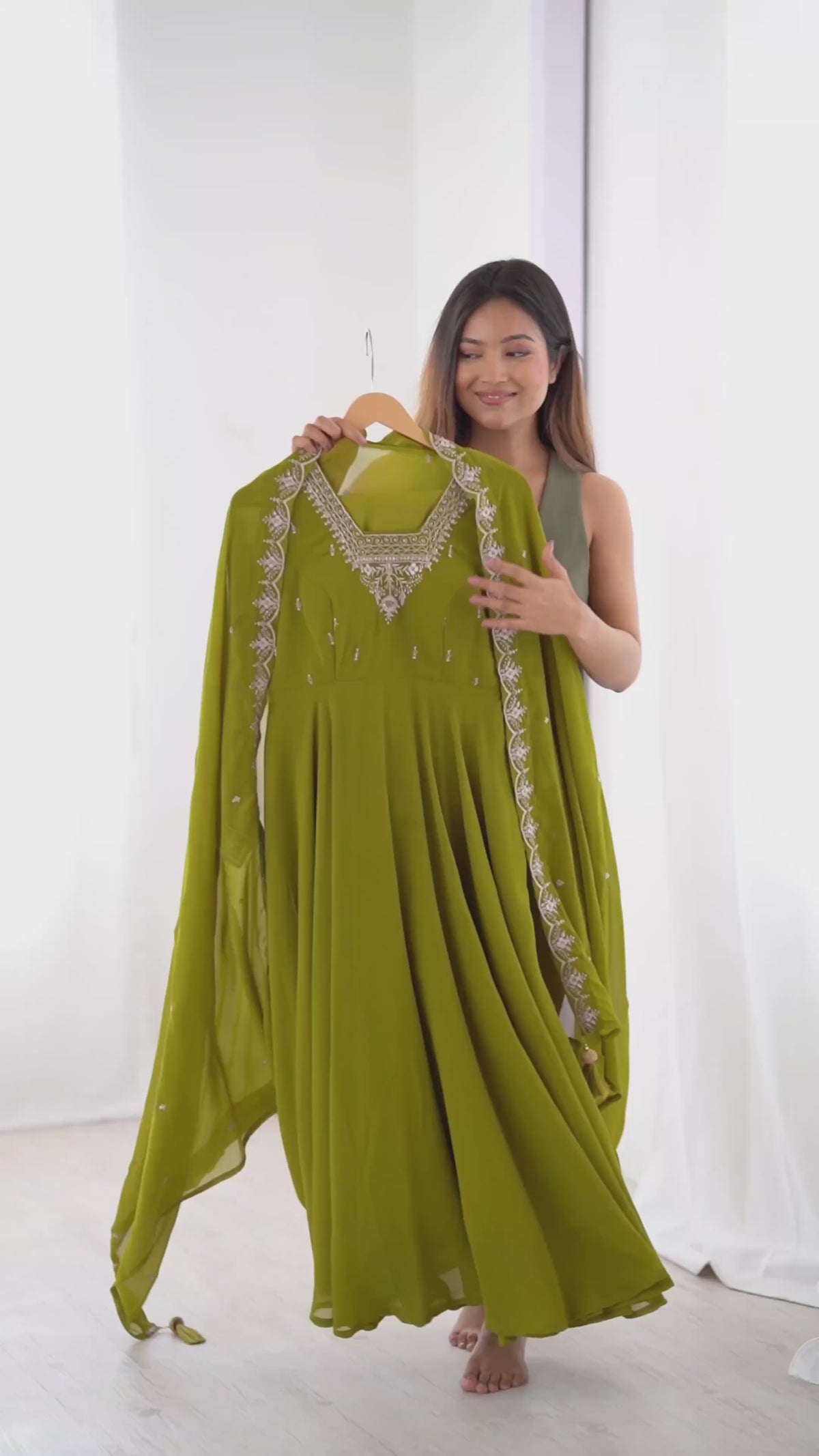 Mehendi Green Embroidered Georgette Flared Anarkali Gown with Dupatta & Pant Set
