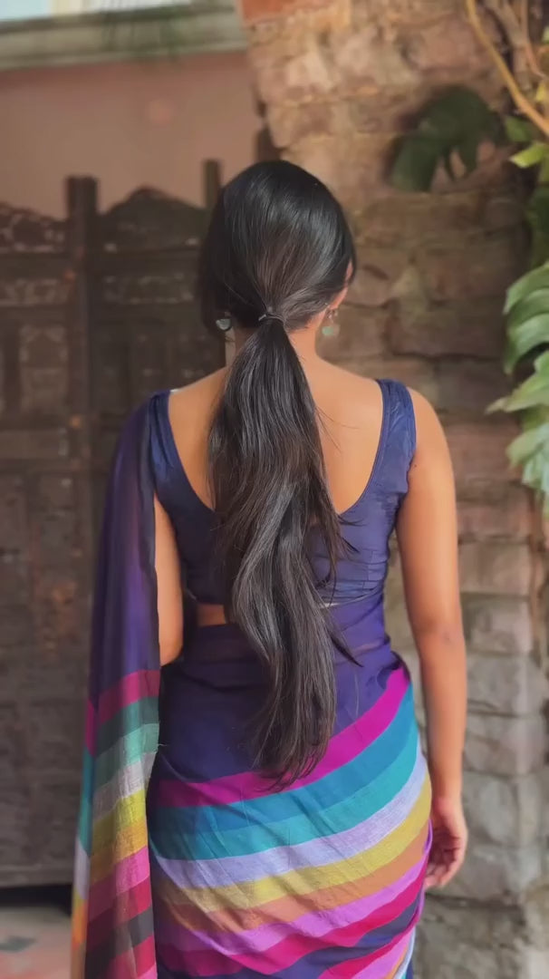 Elegant Black Linen Cotton Saree with Multicolor Stripe Border