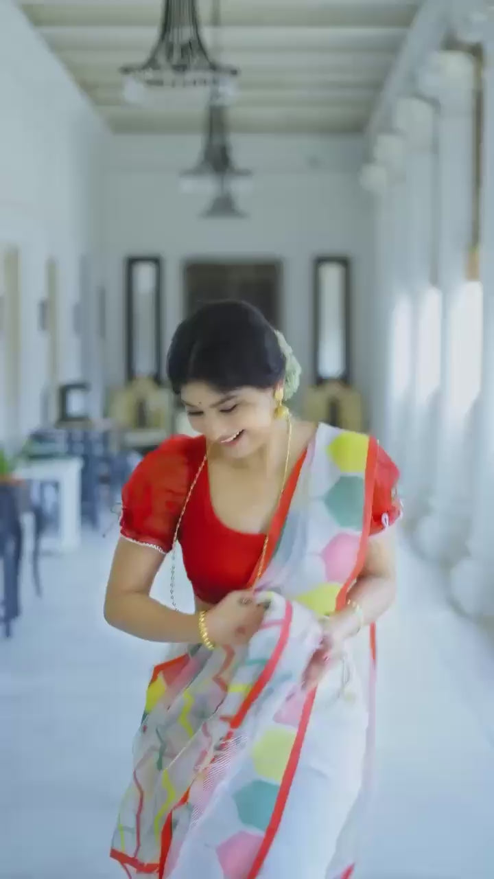 White Multicolor Printed Saree with Contemporary Geometric Design