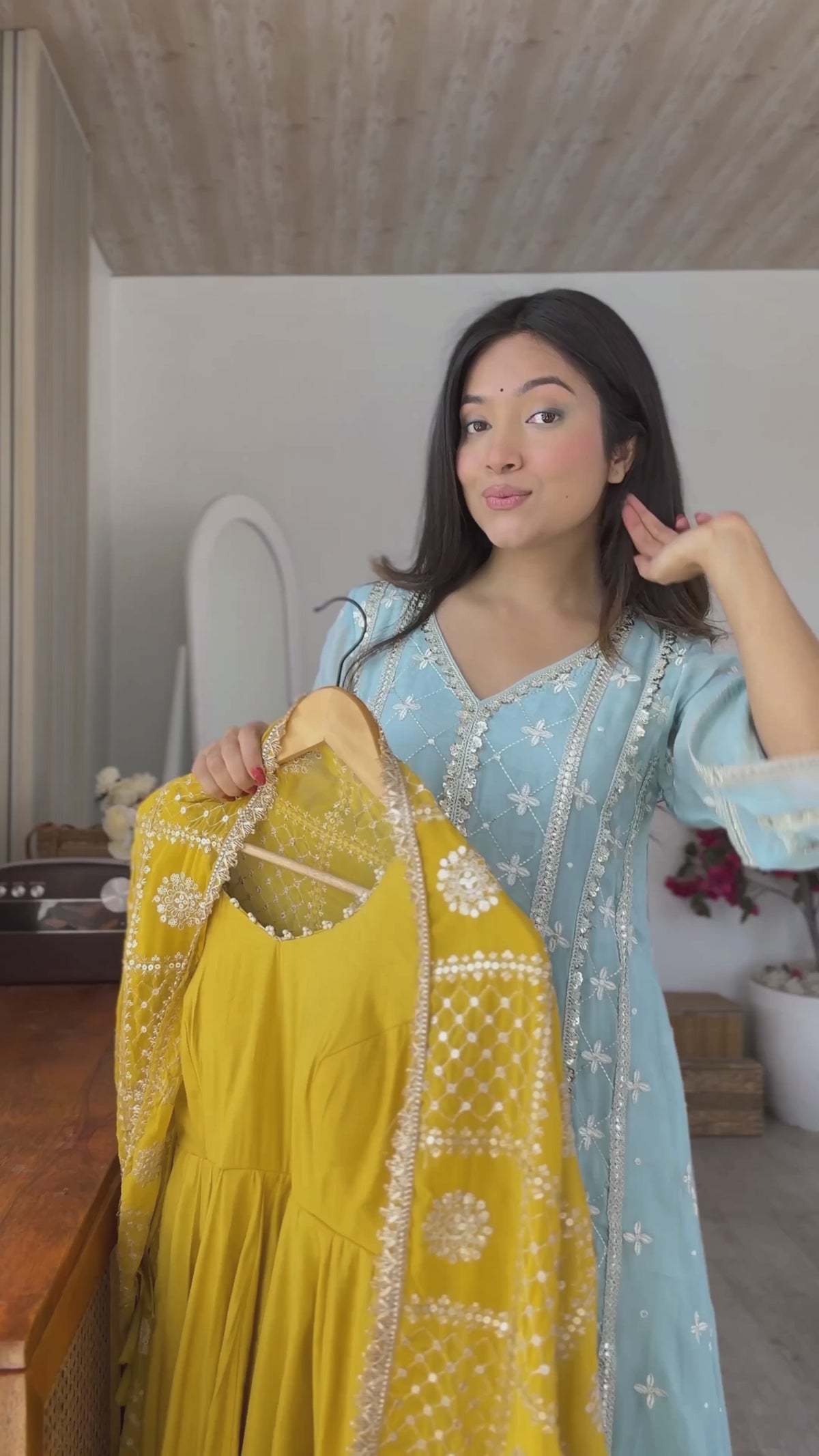 Sunshine Yellow Premium Romansilk Chanderi 16-Kali Flared Anarkali Gown with Embroidered Dupatta & Pant Se